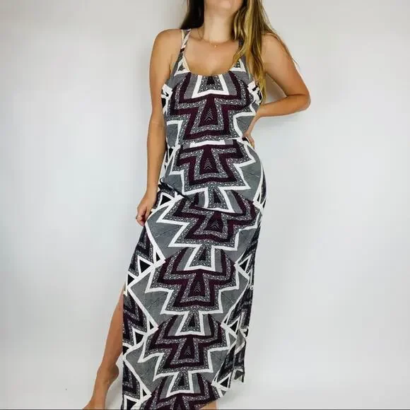 Free People geometric maroon gray maxi dress - Picture 3 of 6